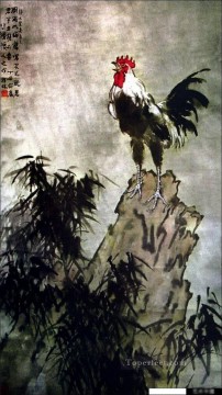 Gallo Xu Beihong sobre roca tinta china antigua Pinturas al óleo